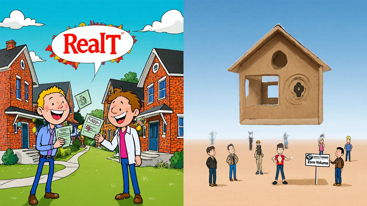 A bright, real property token project contrasts with a hollow cardboard house representing AXT, surrounded by isolated figures.