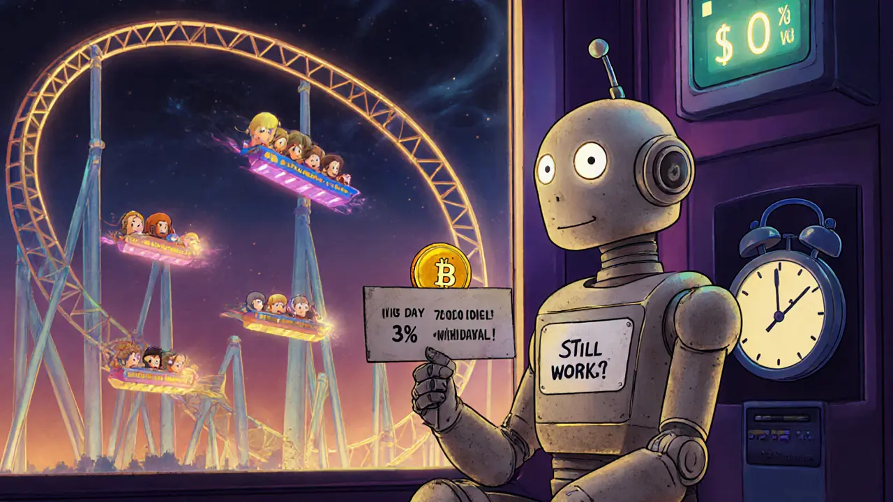 A dusty Uniswap v2 robot quietly watching futuristic v3 avatars zip by in a glowing DeFi arcade.