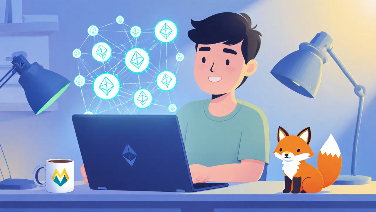 A fan uses a laptop showing Ethereum nodes and floating tokens at home.