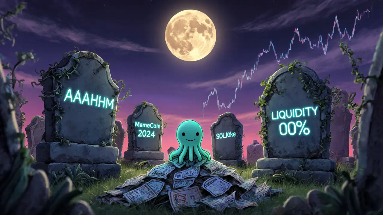 A graveyard of dead meme coins with a lonely plankton figurine on top.