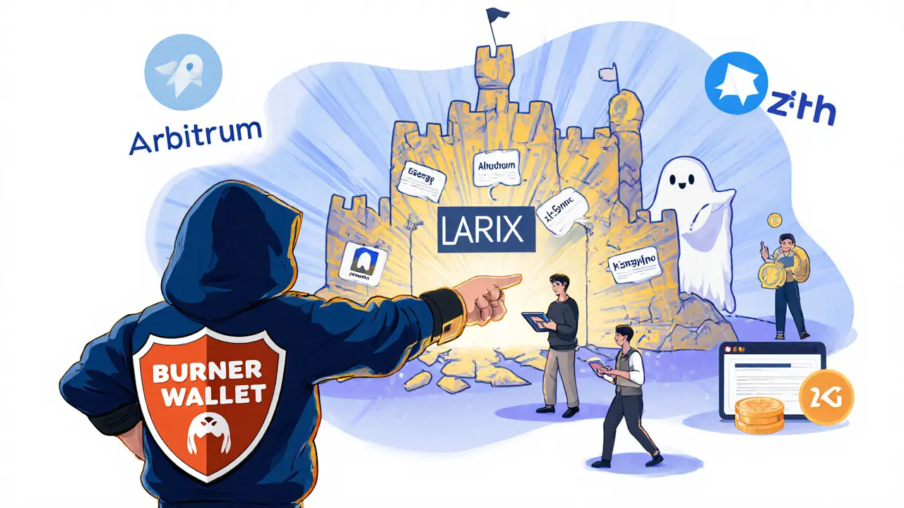 A hero defends against a crumbling fake crypto castle while real projects shine brightly in the background.