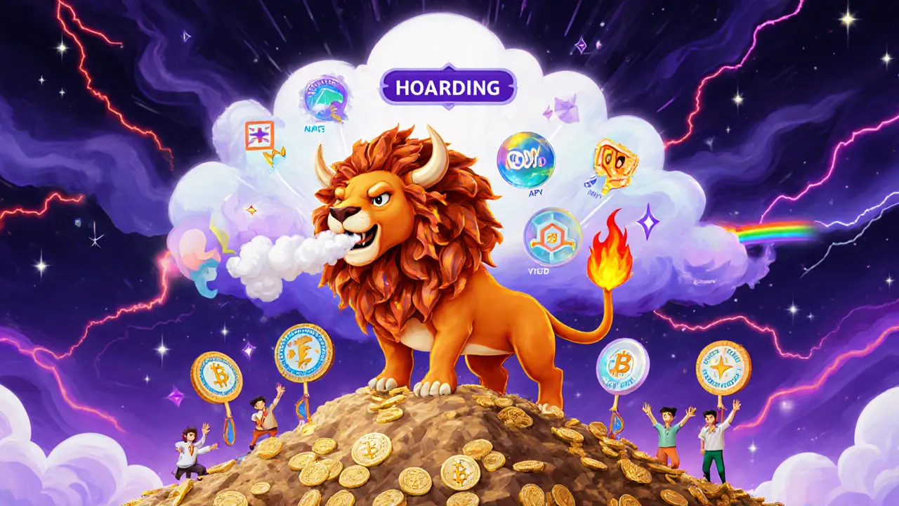A lion-like BullZilla creature burning tokens while users stake coins and utility icons glow around it.