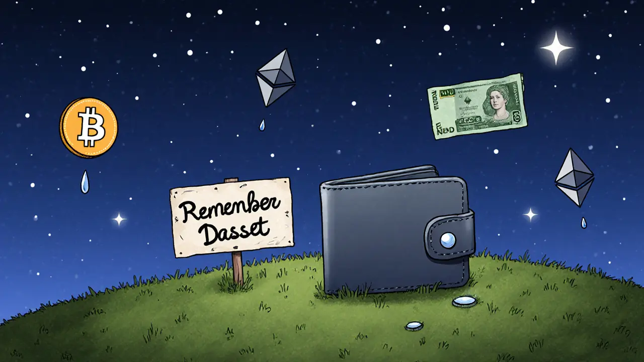 A lone cold wallet on a hill under stars, surrounded by faded crypto and NZD icons, symbolizing lost funds.