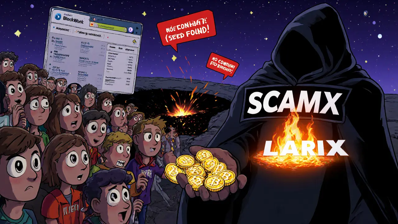 A shadowy scammer giving fake tokens to eager people while a wallet burns in a pit, with warning signs in the sky.
