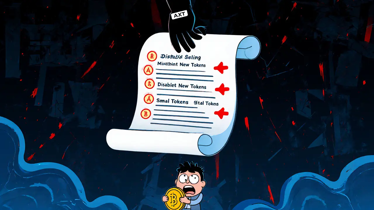 A terrified investor looks up as a sinister smart contract glows with dangerous powers above a digital void.