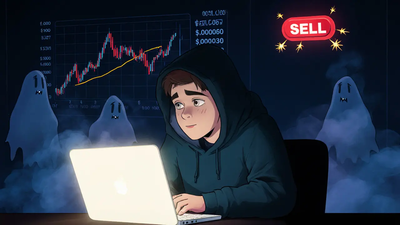 A trader staring at a crashing price chart, ghostly figures vanishing behind him.