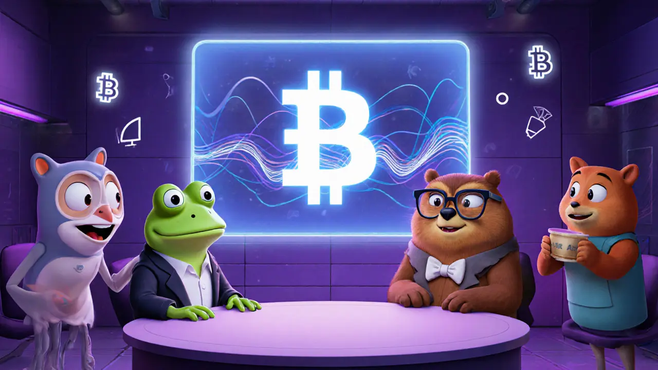 Animated characters gather around a holographic Base logo screen during a lively online event.