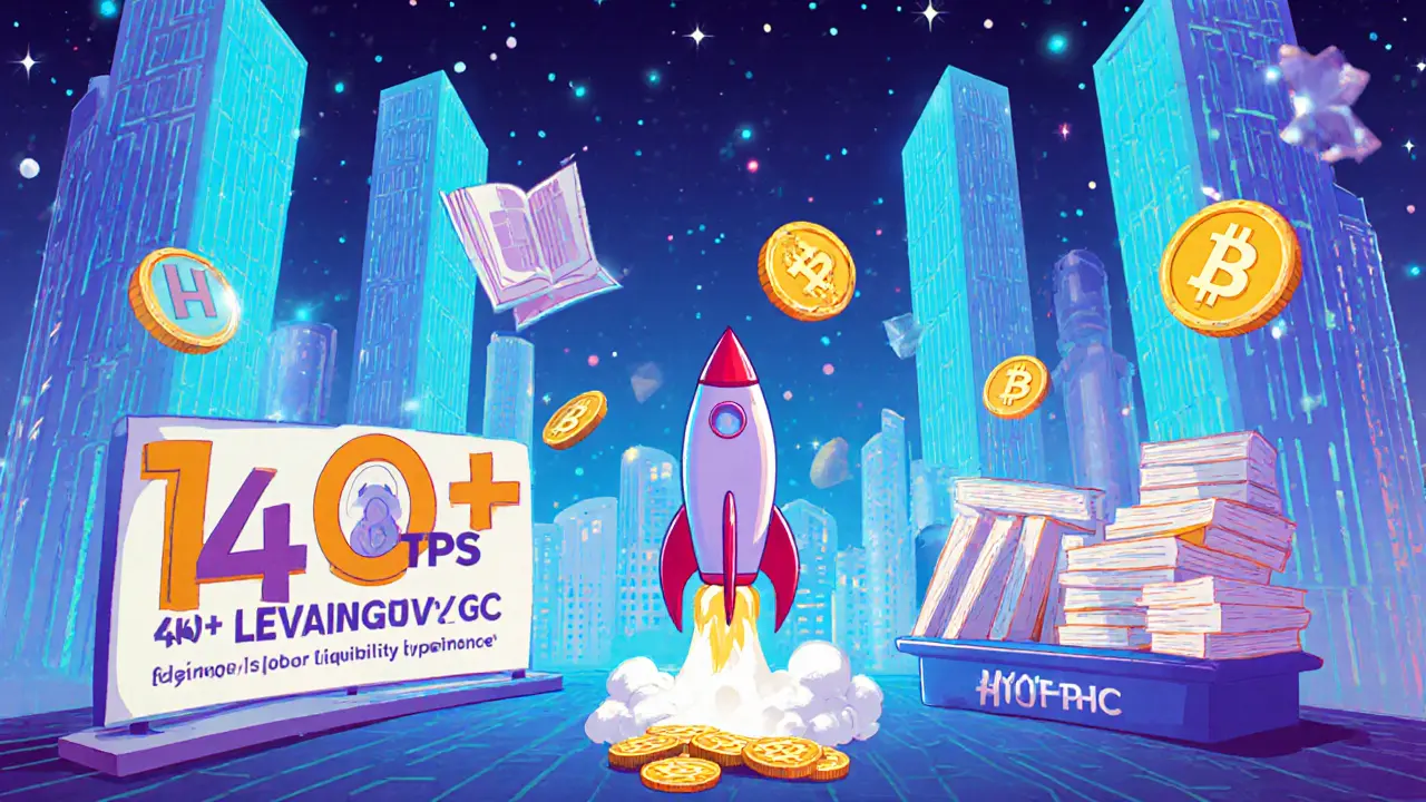 Animated exchange floor showing fast order books, 40× leverage rocket, and floating HYPE tokens.