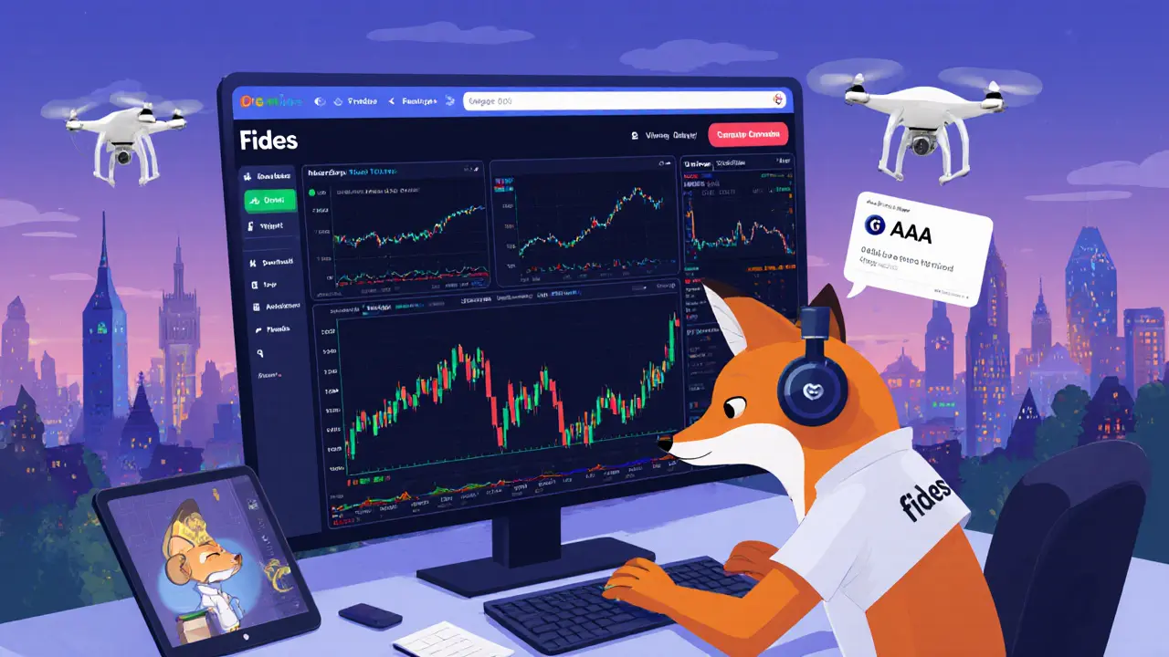 Animated fox trader using Fides web app with chart, order book, and staking reward.