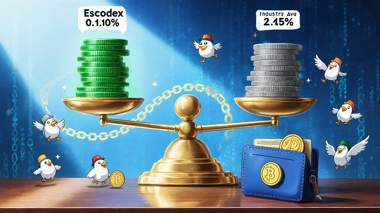 Animated scale compares Escodex 0.10% fee to industry 0.25% fee with DPoS birds.