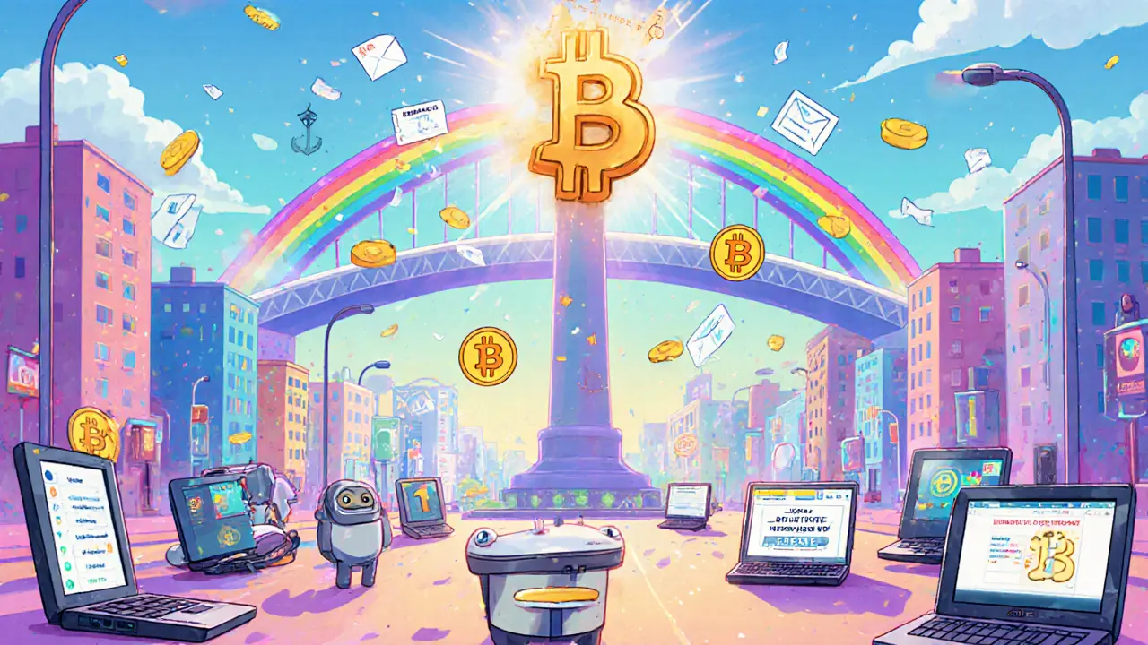 Animated verification hub with devices, Bitcoin anchor, and Hyperlane bridges.