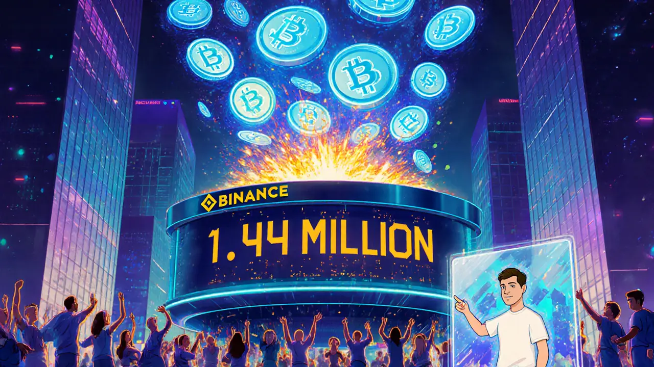 BNB tokens burning in a neon vortex above a towering exchange building with traders below.