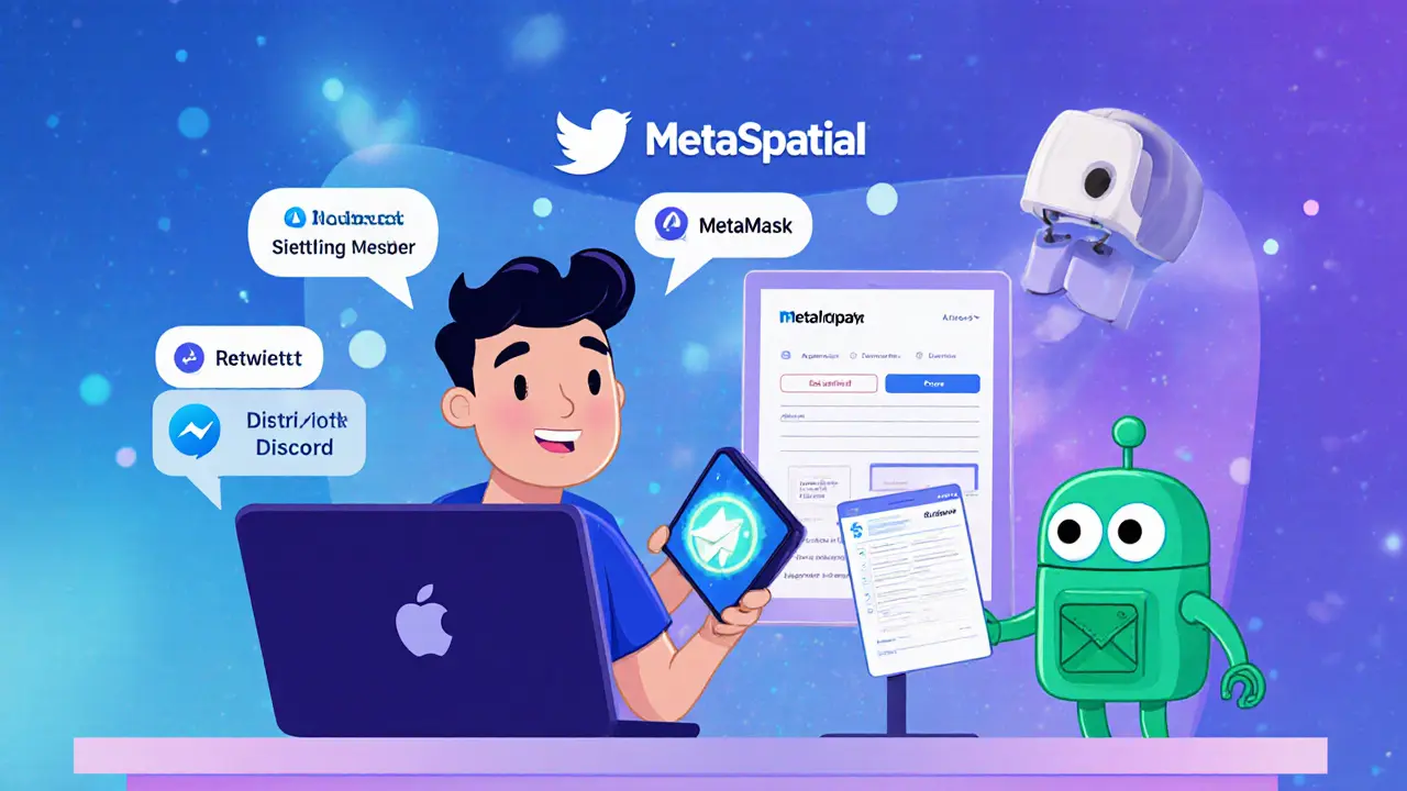 Cartoon character using MetaMask, joining Discord and retweeting for the SPAT airdrop.
