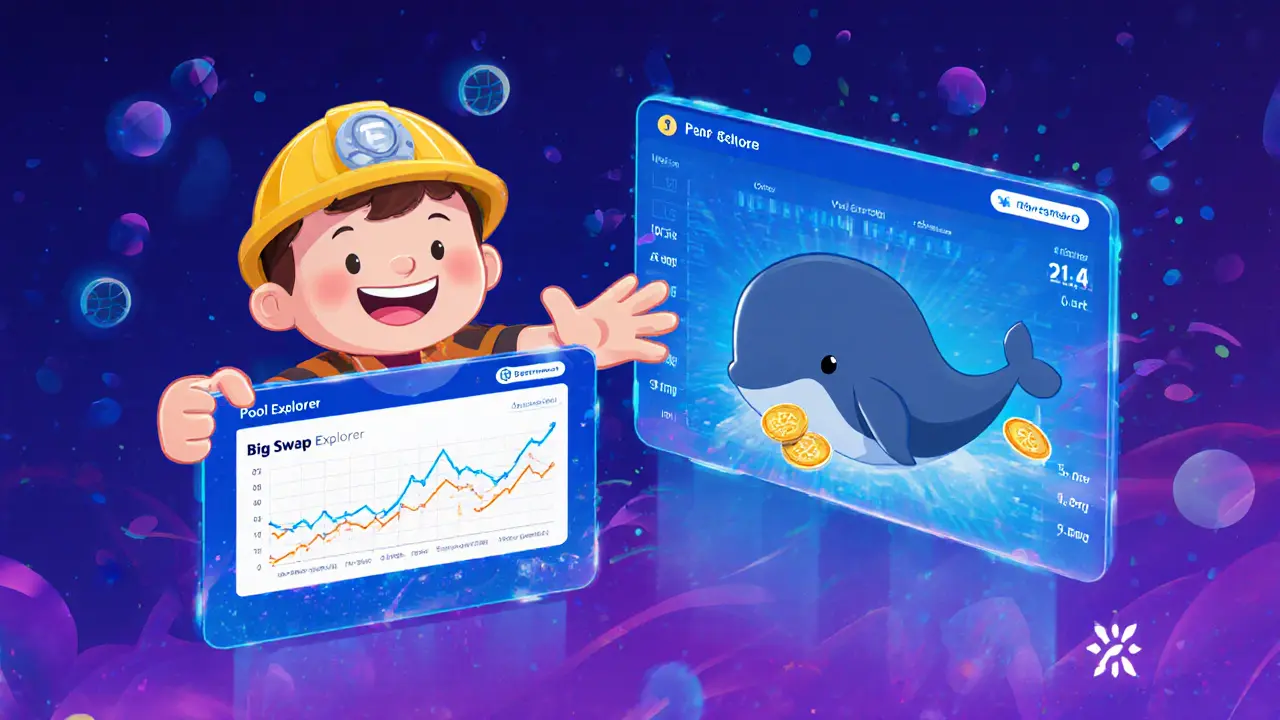 Cartoon explorer uses Pool, Pair, and Big Swap tools with a whale swap.