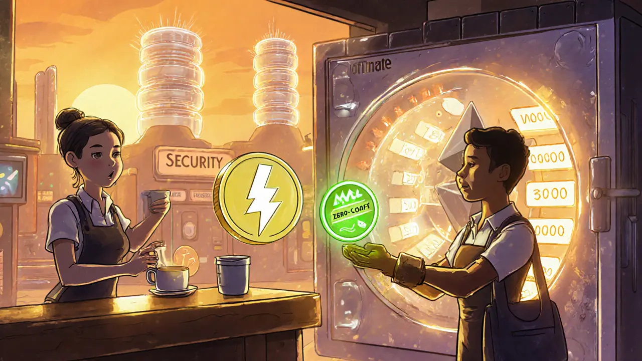 Cartoon marketplace with instant crypto payment using Lightning Network and futuristic validators.