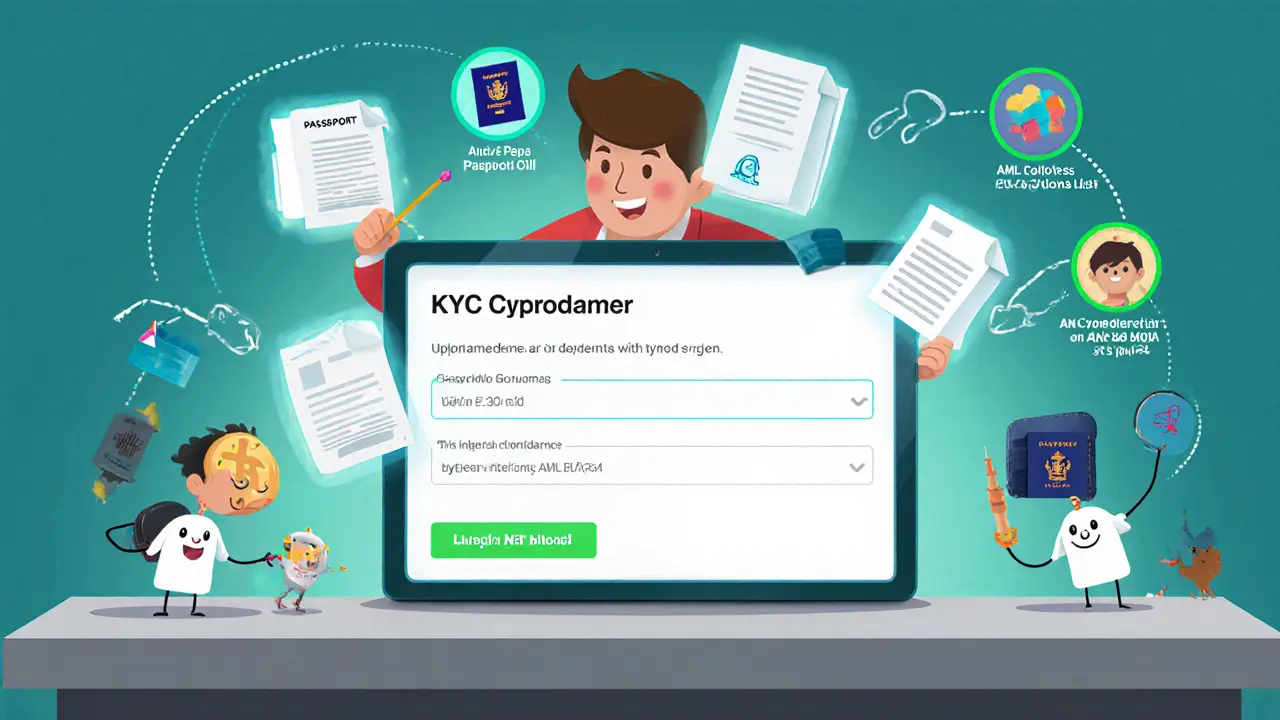 Cartoon of a user uploading passport, bill, and selfie for KYC with AML and MOKAS icons nearby.