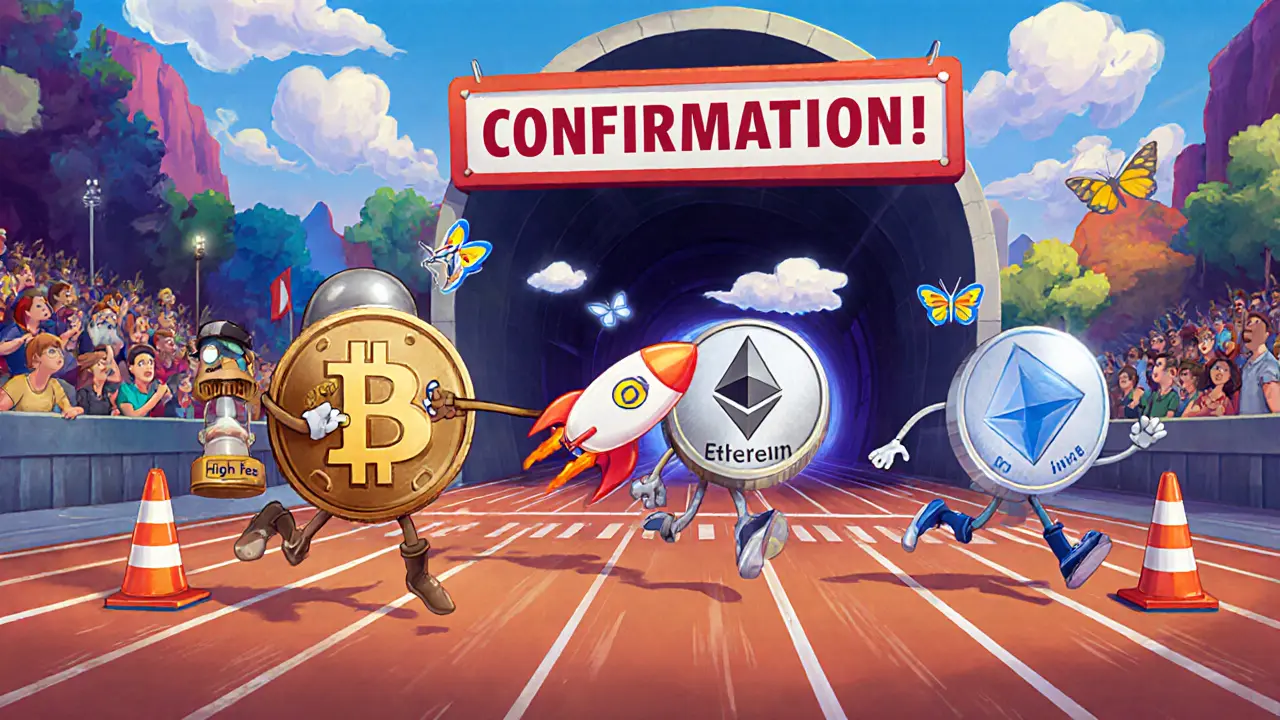 Cartoon race of Bitcoin, Ethereum, and Litecoin coins showing fee, congestion, and block time influences.