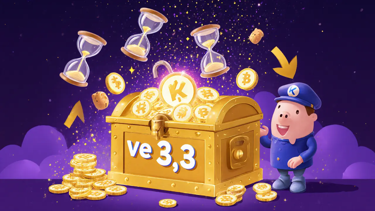 Cartoon scene of tokens locked in a vault showing ve(3,3) staking and credit rewards.