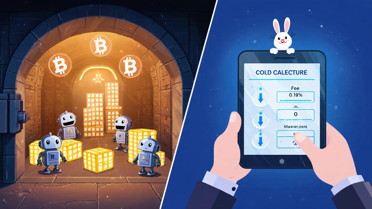 Cartoon split scene with cold‑storage vault and fee calculator on tablet.