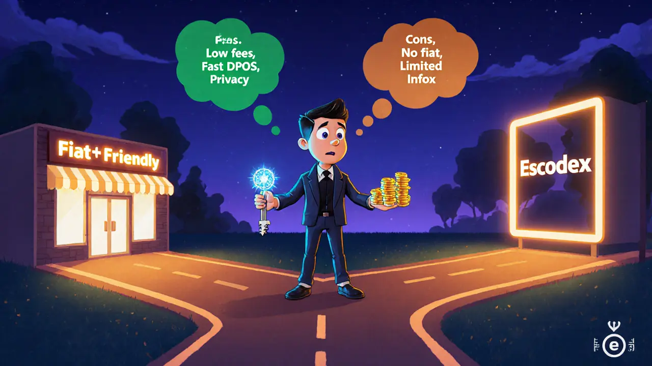 Cartoon trader at a forked road choosing between fiat exchange and Escodex, holding a private key.