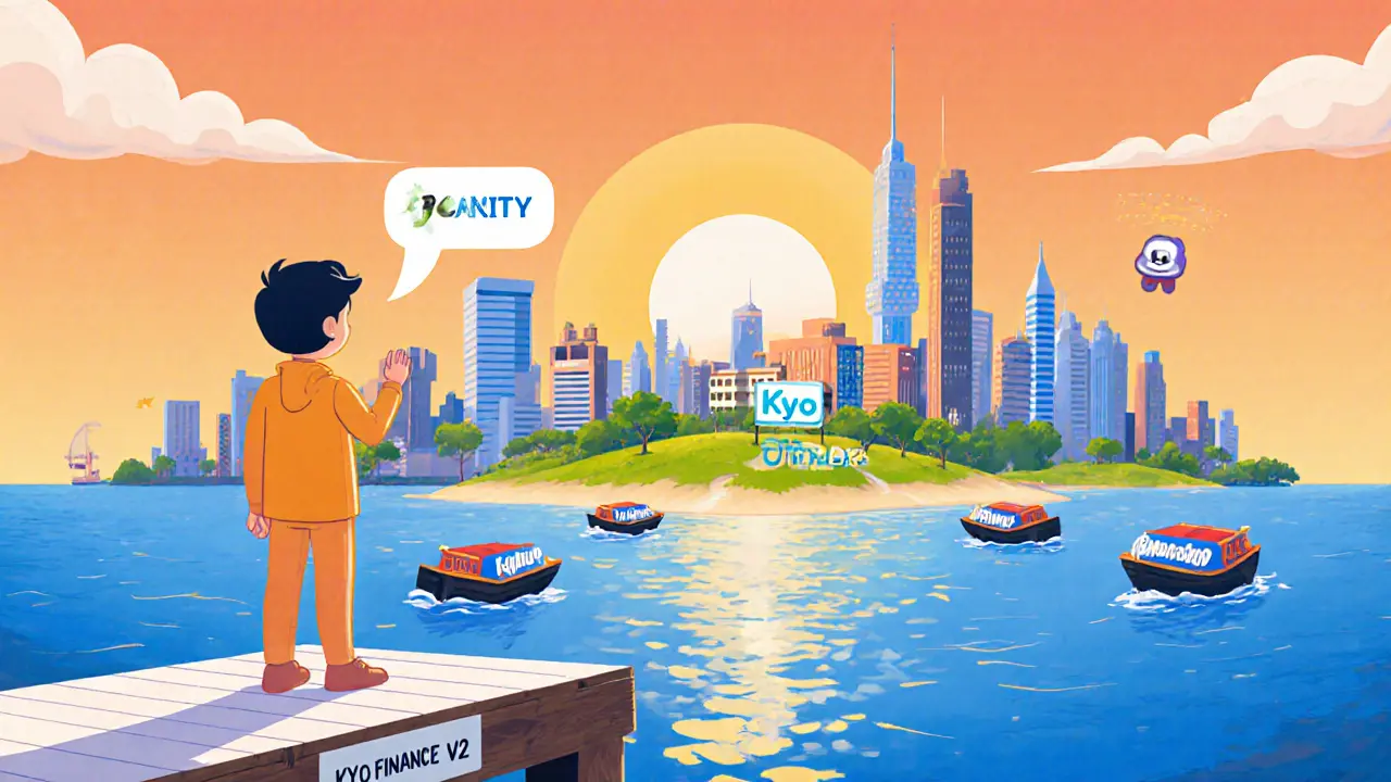 Cartoon trader on a Soneium island looking toward a sunrise and future DEX growth.