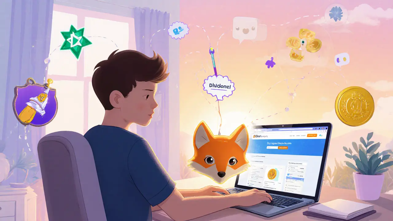 Cartoon user connects MetaMask to DEXTools, showing premium and token studio icons.