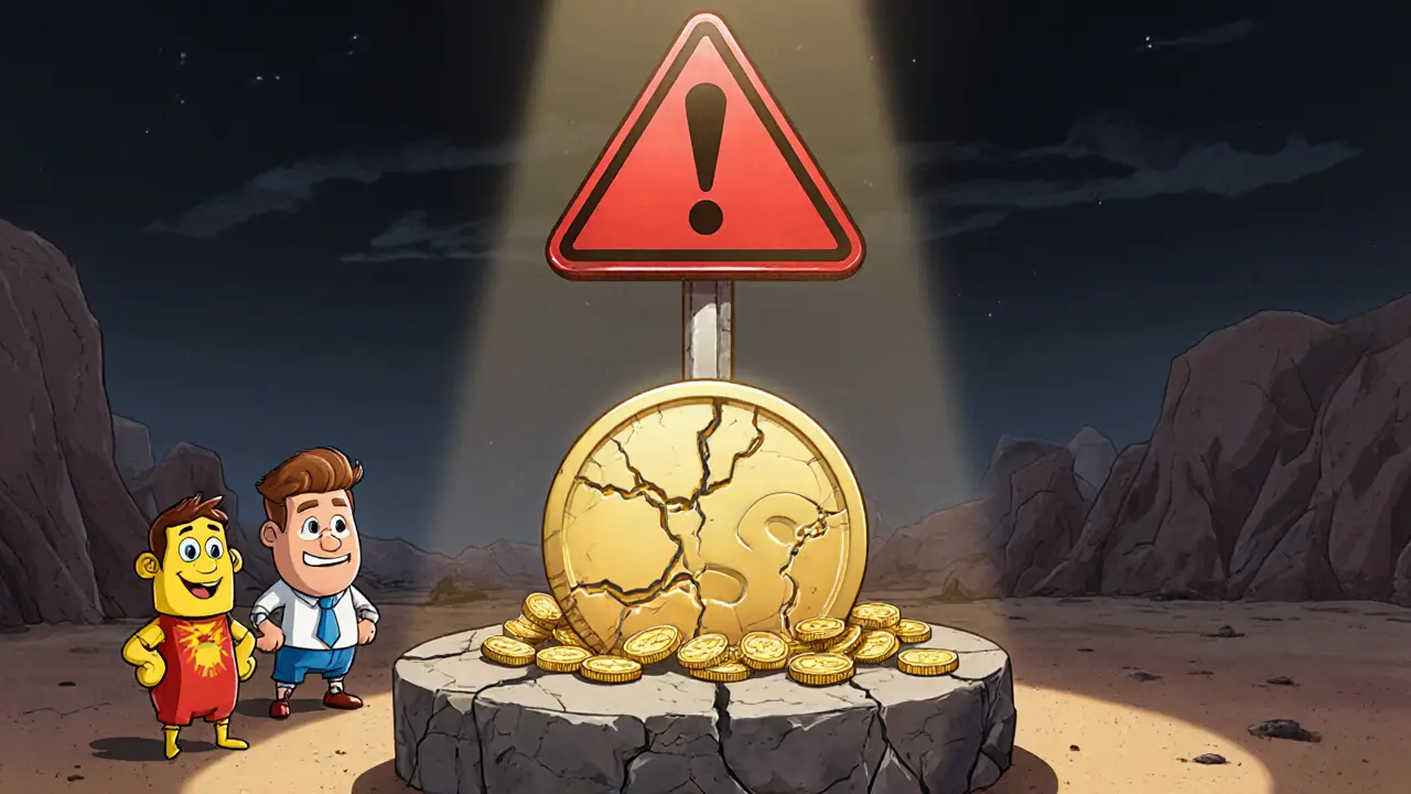 Caution sign over a cracked Baby Solana coin beside thriving meme token characters.