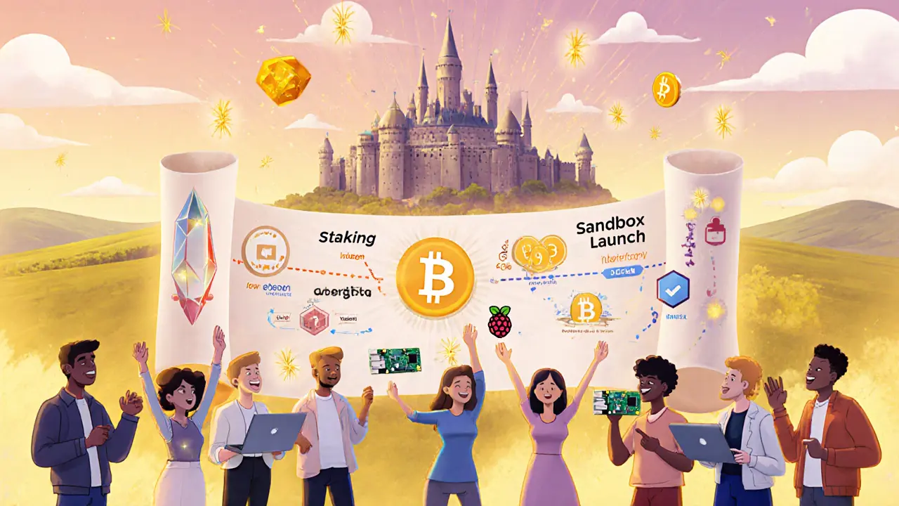 Celebratory roadmap scene with characters, staking crystal, and Bitcoin tower.
