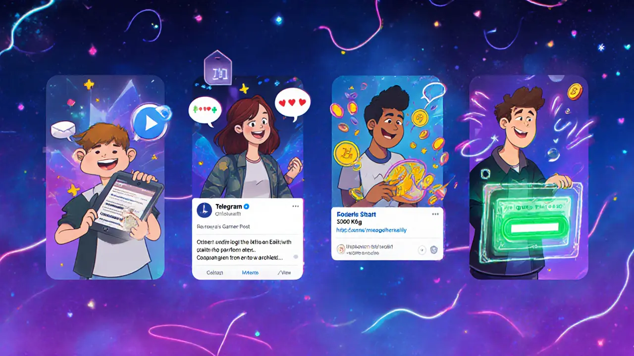 Characters completing Telegram, Twitter, KDG staking, and wallet submission tasks for the ZWZ airdrop.