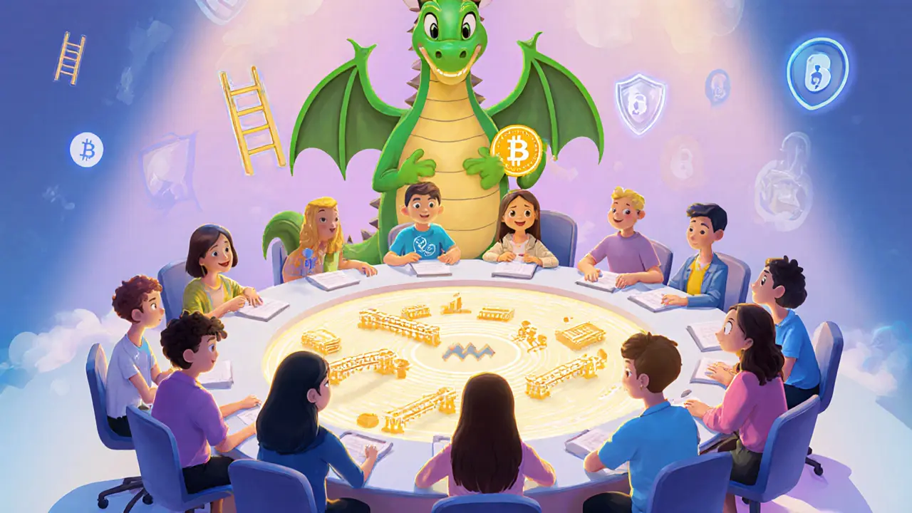 Community meeting around a table with HYPE token, roadmap icons, and security dragon mascot.