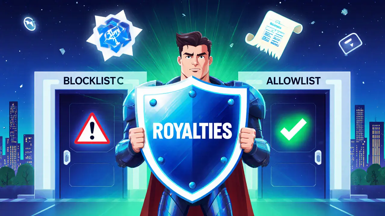 Creator superhero defends royalties with a shield, showing blocklist and allowlist doors and blockchain icons.