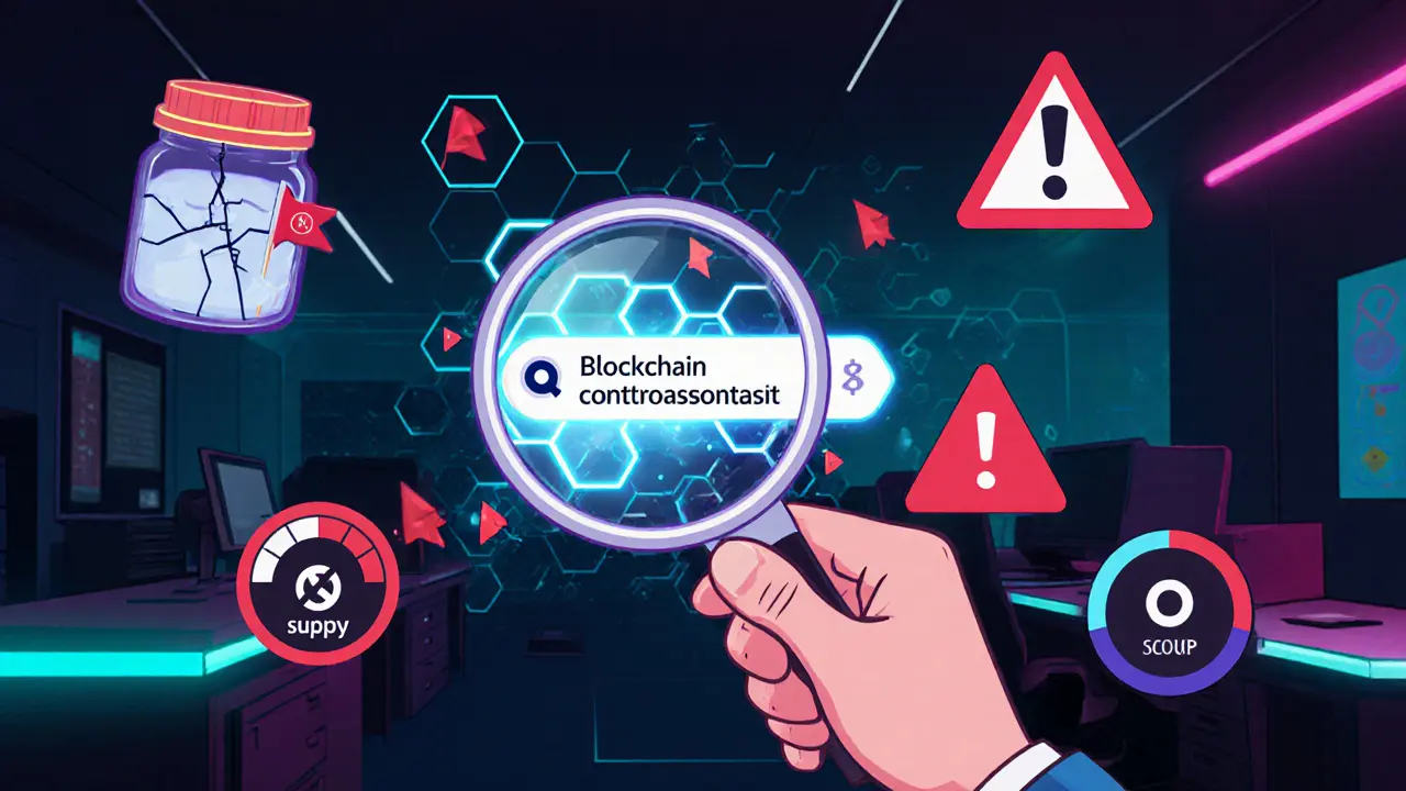 Detective character examining blockchain contract with empty liquidity pool and warning symbols.