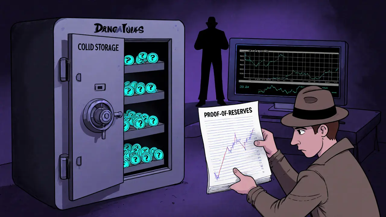 Detective in a dark vault inspecting a blank proof‑of‑reserves ledger and empty volume chart.