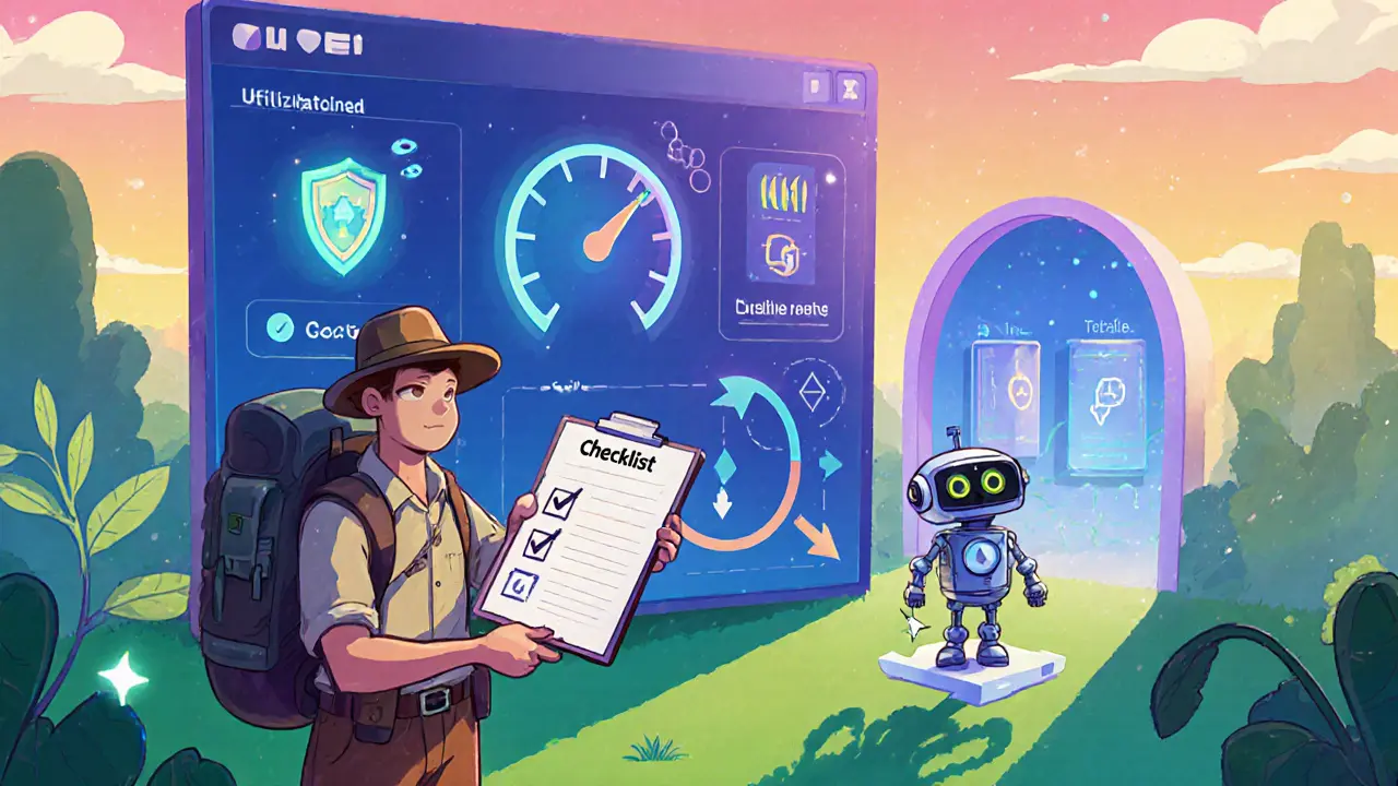 Explorer with checklist before dashboard showing utilization, health shield, gas meter, AI robot adjusting kink.