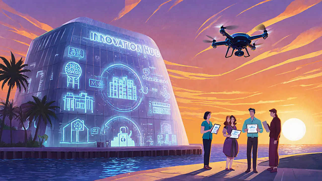 Futuristic Innovation Hub on Cyprus waterfront showing tokenised real‑estate and DeFi concepts.
