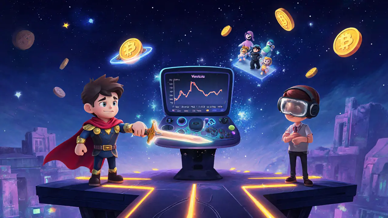 Gamer, developer, and investor interacting with ULTI assets in a neon-lit scene.