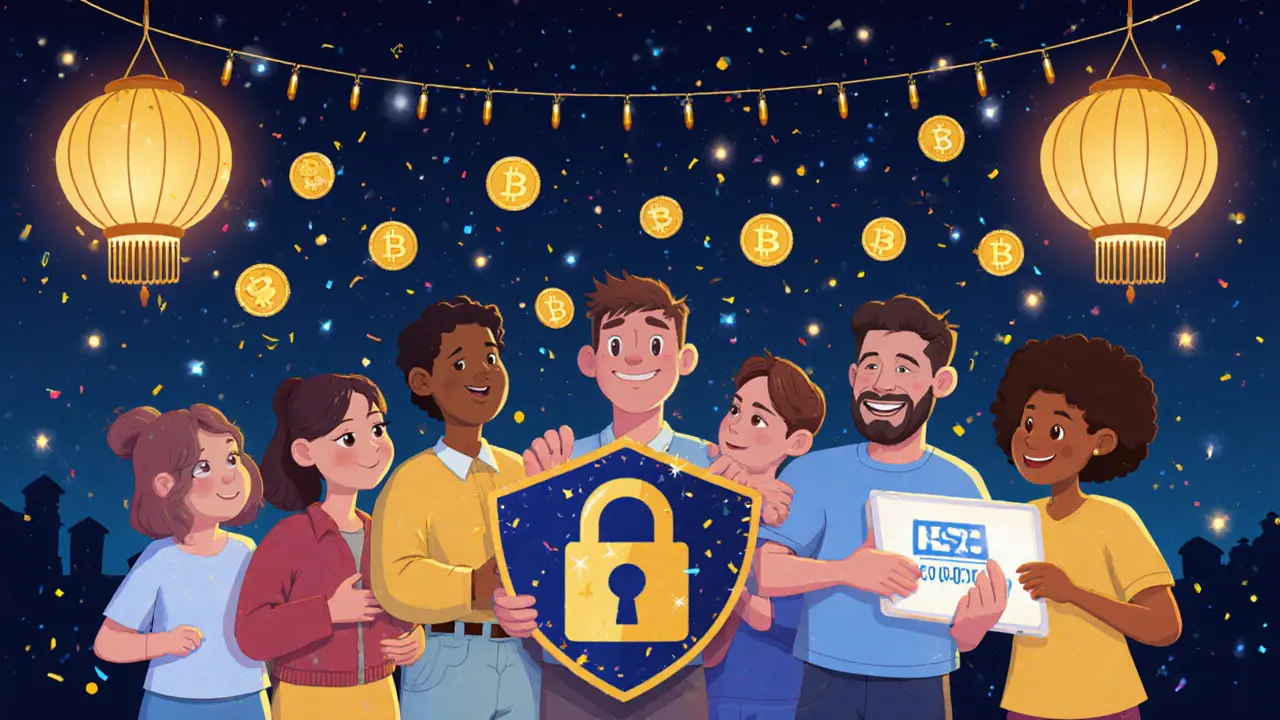 Group celebrates receiving SPAT tokens under a night sky, with security shield and BSC explorer.