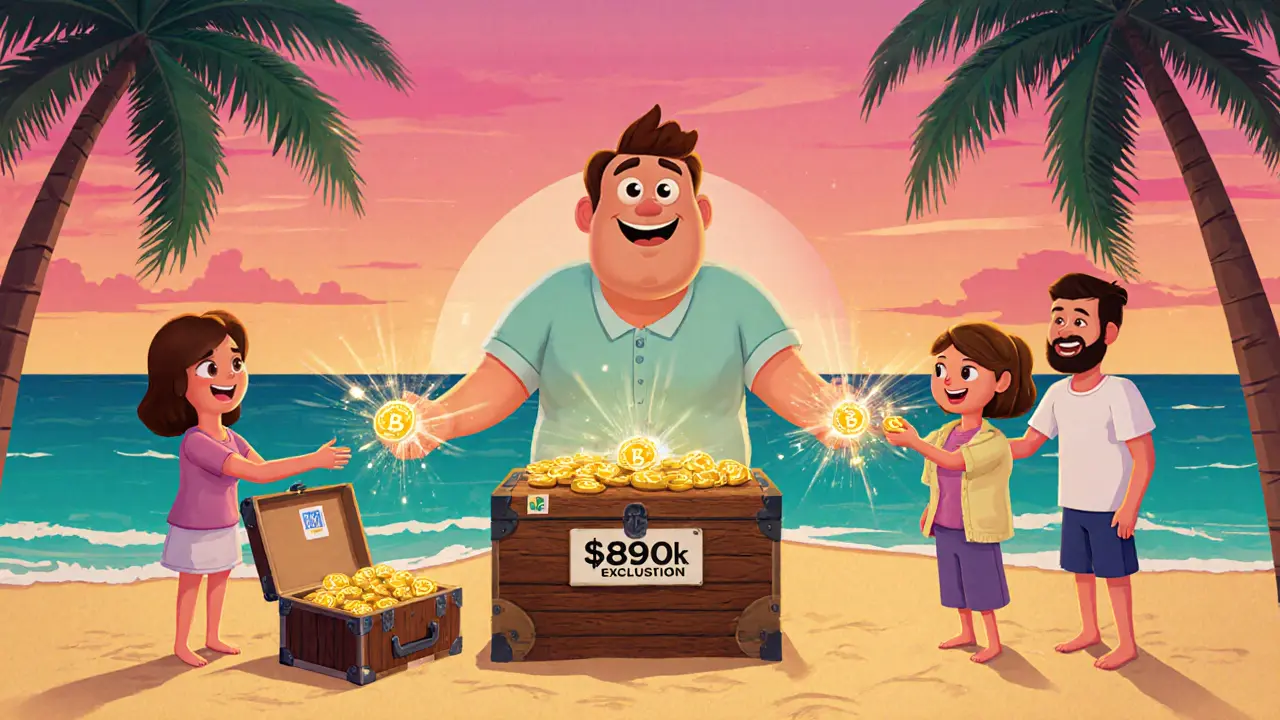 Happy expatriate on a beach gifting glowing crypto tokens to family near a chest.