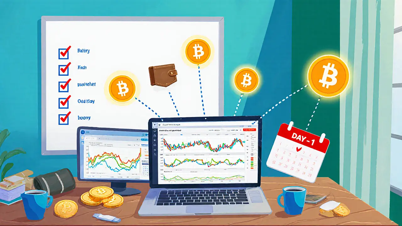 Home office with laptop, crypto wallets, charts, and a calendar marked Day -1.