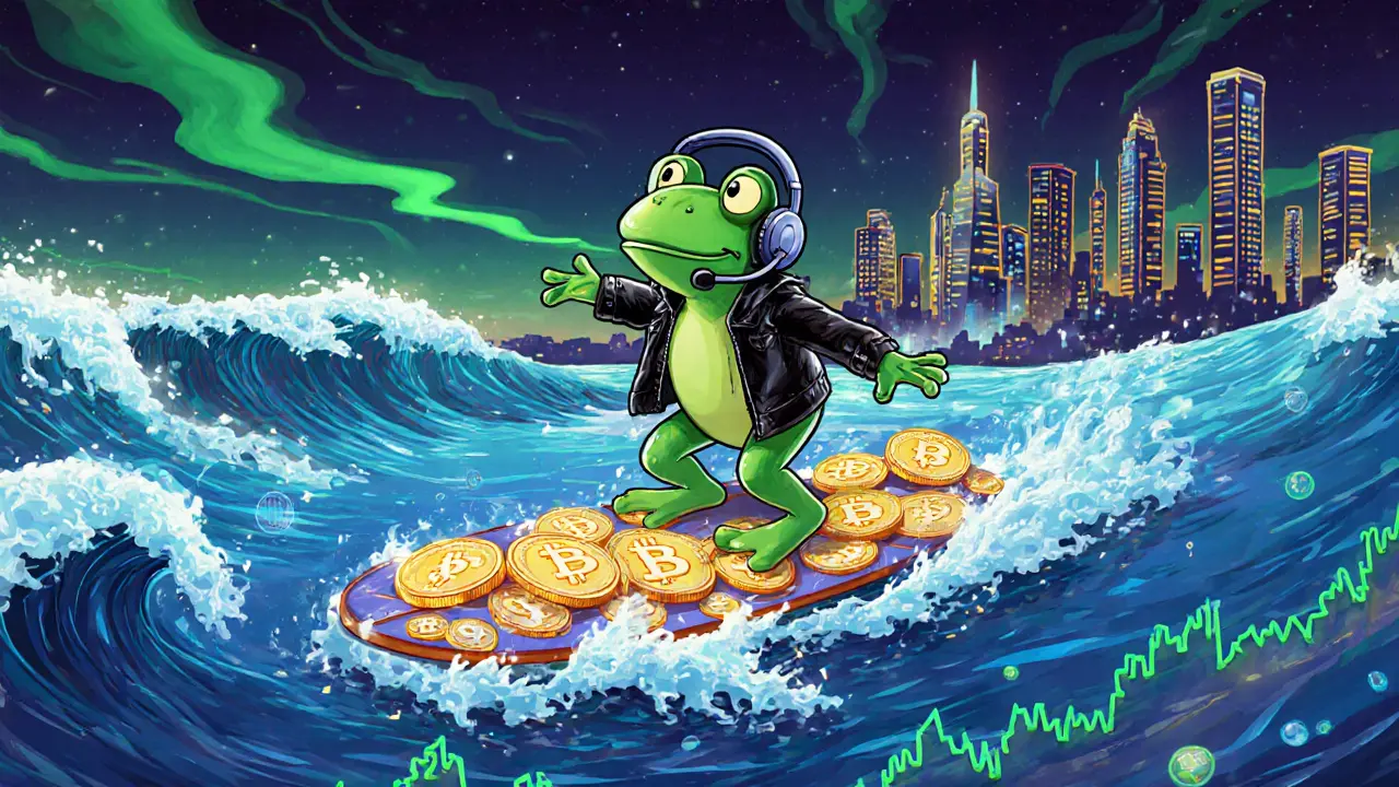 Peplo frog rides a surfboard of crypto coins across a digital ocean under a neon twilight sky.