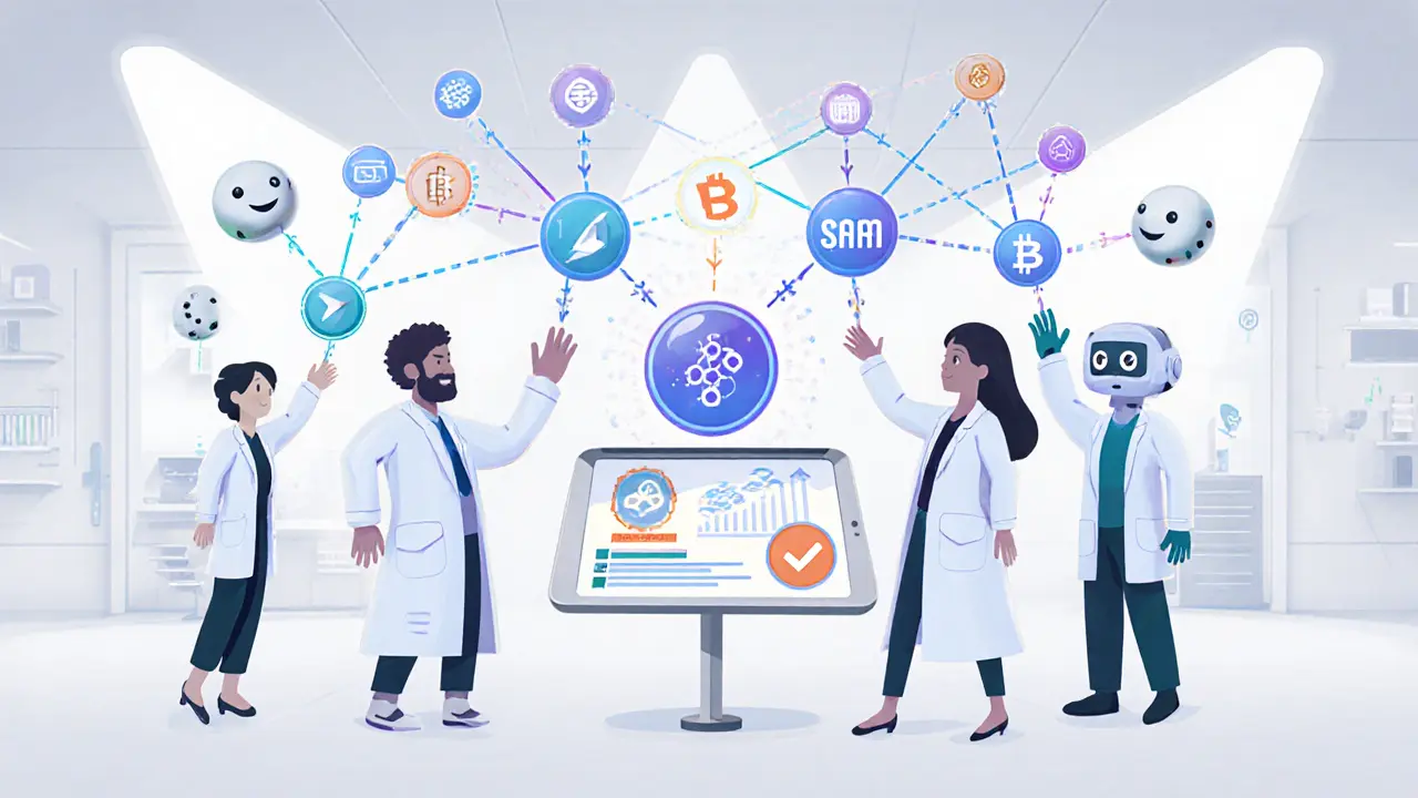 Pharmaceutical team using blockchain for AI data integrity in lab