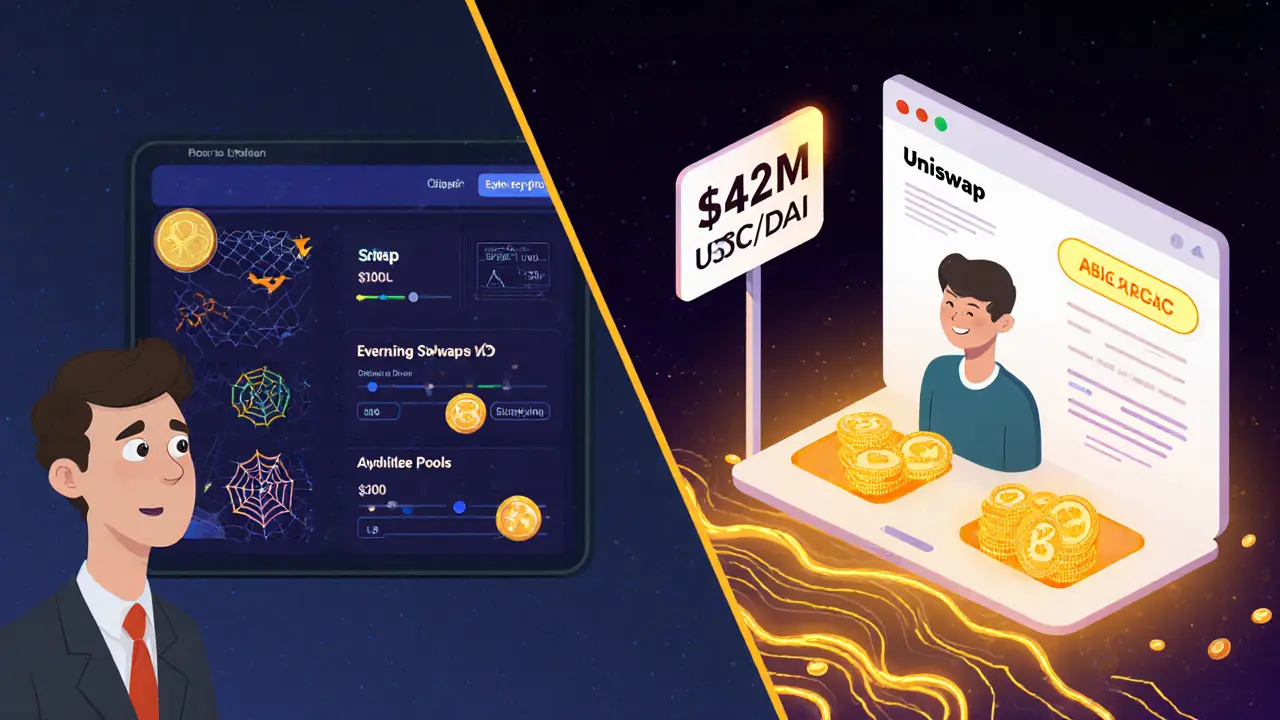 Split scene: confused investor facing complex v3 interface vs. relaxed user swapping easily on simple v2 interface.