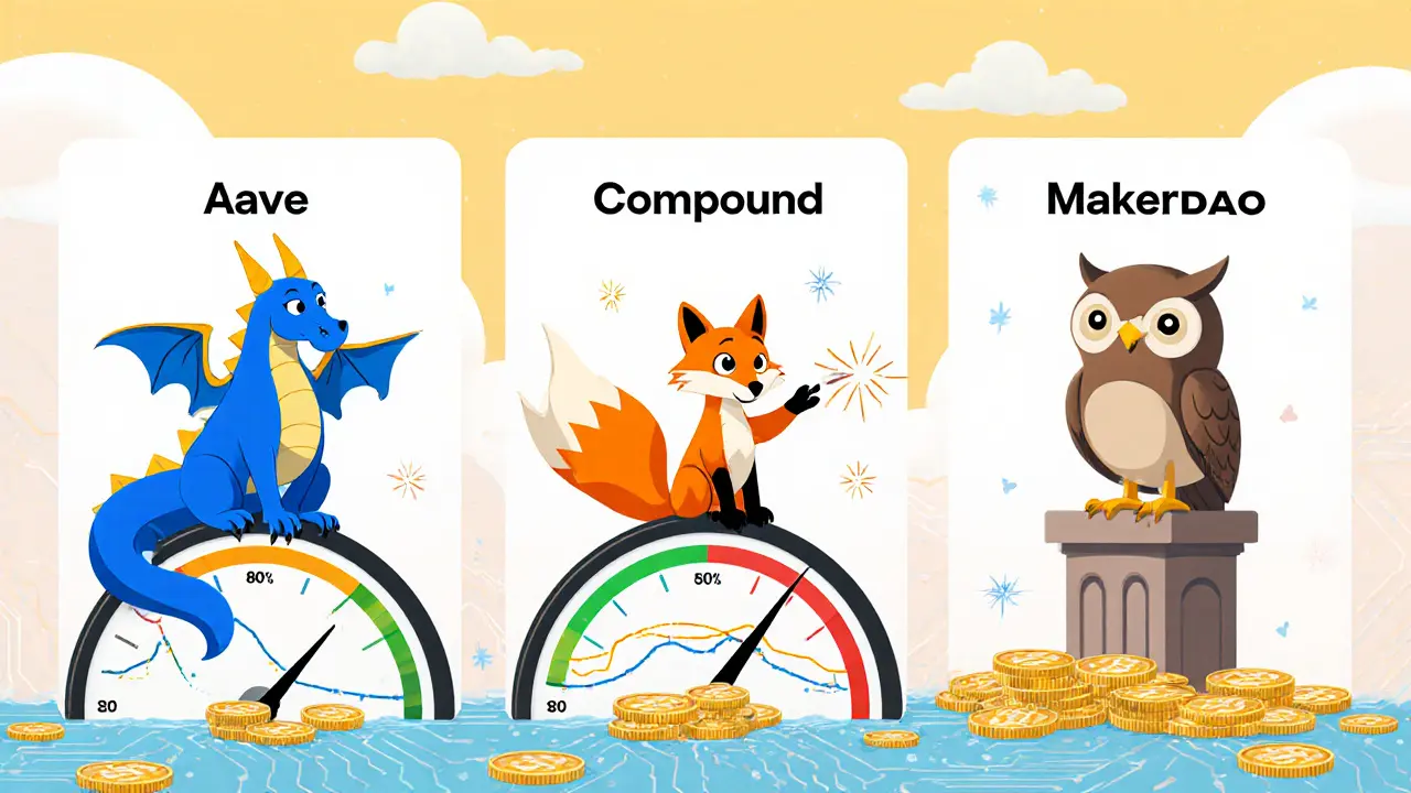 Three characters (dragon, fox, owl) representing Aave, Compound, MakerDAO beside USDC pools and kinked curves.