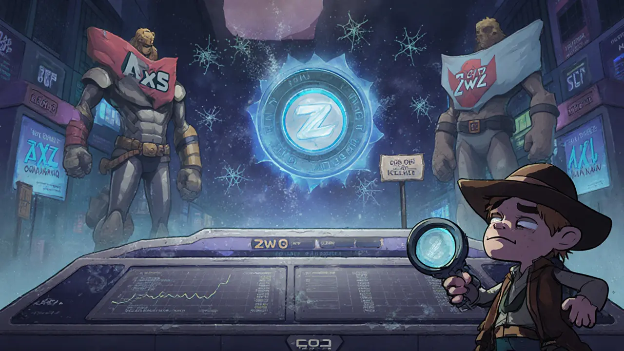 Tiny ZWZ token overlooked beside towering gaming tokens, showing low liquidity and empty charts.