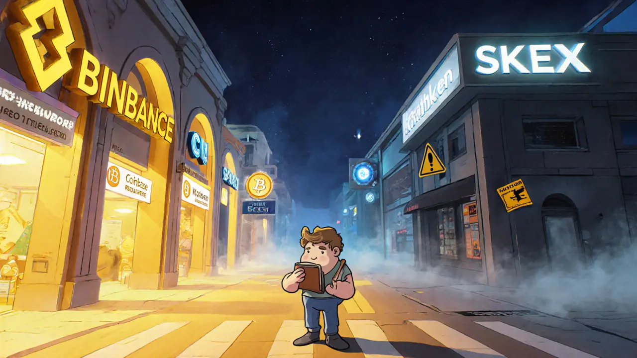 Trader at a crossroads choosing between bright reputable exchanges and a dark SKEX alley.