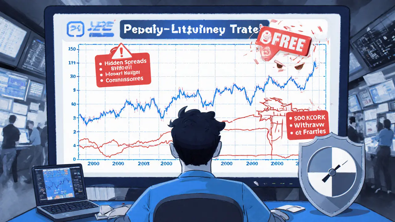 Trader sees thin order book, hidden fees, and withdrawal delays on a Pexpay monitor.