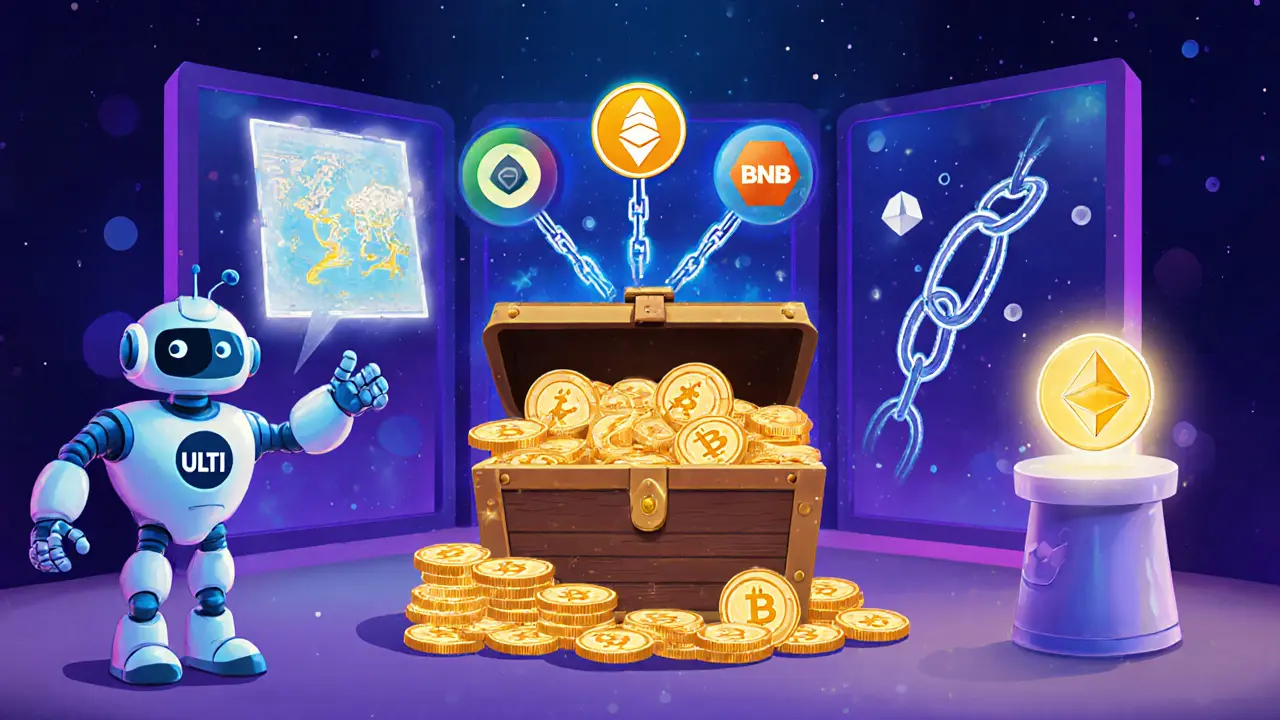 Treasure chest of ULTI coins beside AI robot and linked blockchain chains.