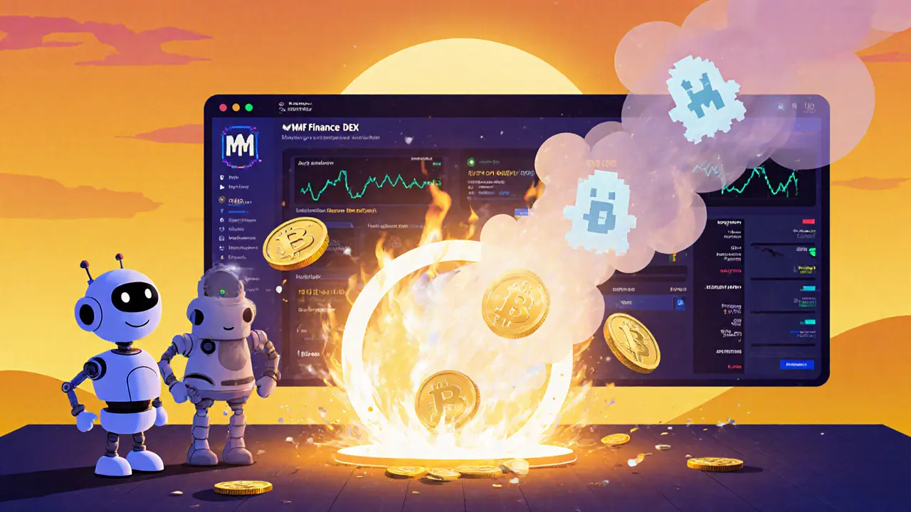 User and robot sending MMF tokens into a burn portal while a functional DEX interface glows behind.