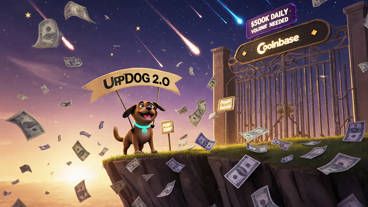 A brave cartoon dog standing on falling price charts facing a distant Coinbase gate.