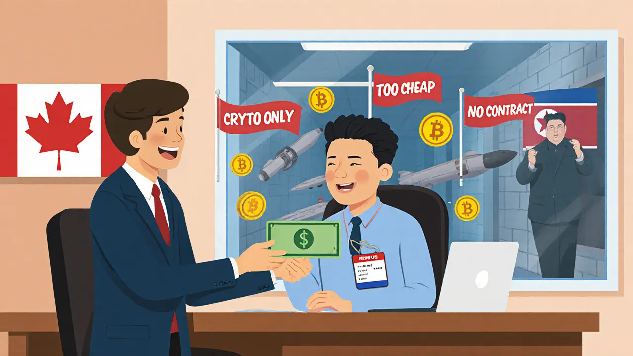 A Canadian company hiring a fake remote worker, with hidden crypto-to-weapons transformation in the background.